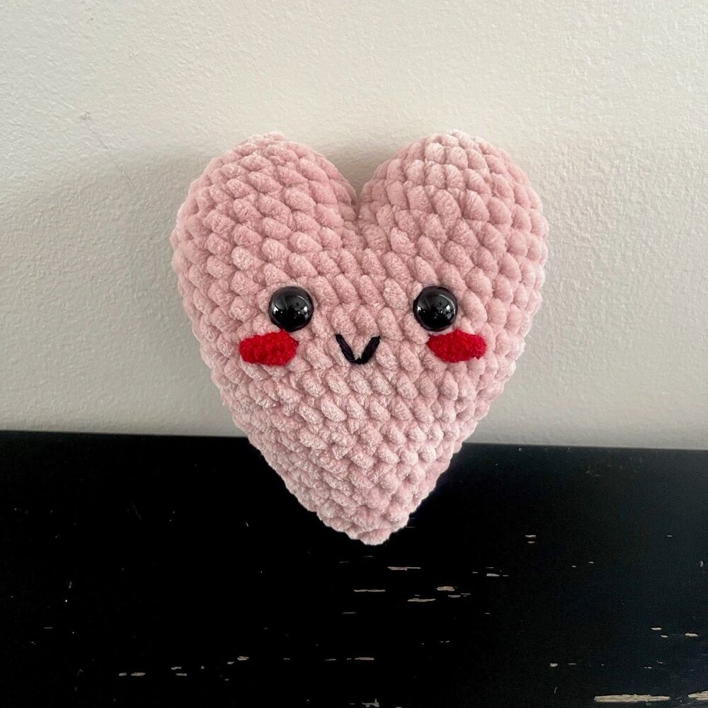 Handmade Pink Crochet Heart Plushie Valentine’s Day Gift, Amigurumi Heart Decor